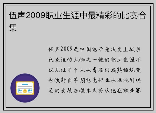伍声2009职业生涯中最精彩的比赛合集