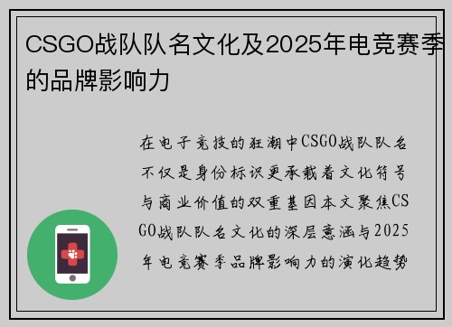 CSGO战队队名文化及2025年电竞赛季的品牌影响力