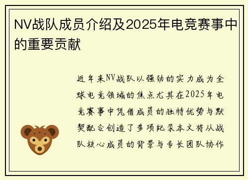 NV战队成员介绍及2025年电竞赛事中的重要贡献